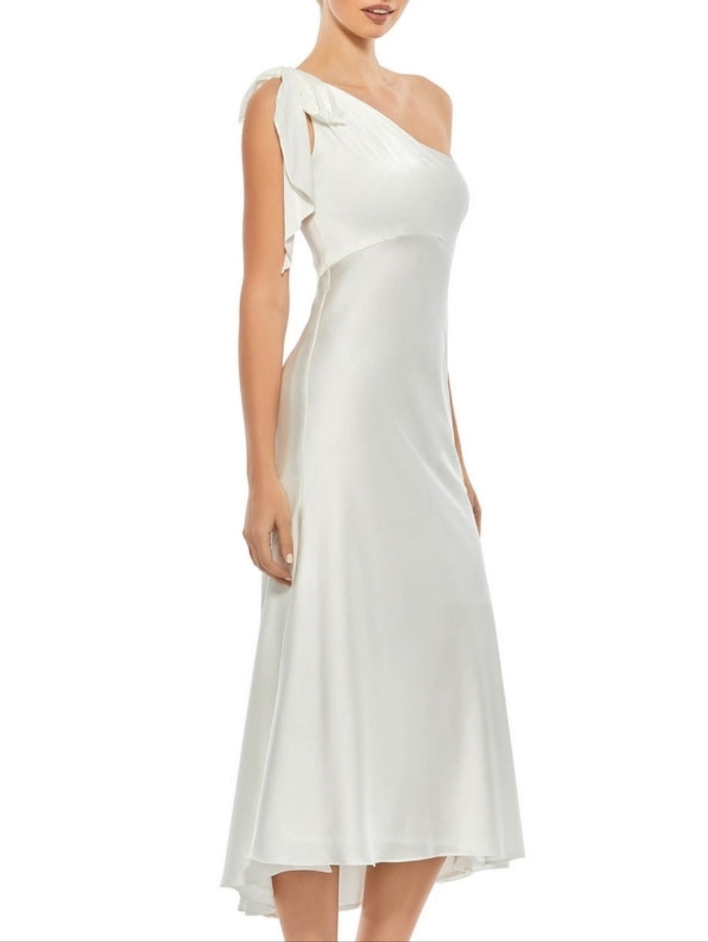 Ieena for Mac Duggal 55387 White Satin One Bow Shoulder Formal Midi Dress 4 NWT
